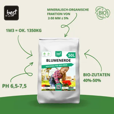 Produktbild von Best for Home - Blumenerde für Zimmer- und Balkonpflanzen, Gemüse, Obst und Kräuter. Torffrei, ideal für Blumenbeete und Kübel - 50L