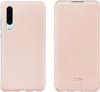 A pink Huawei P30 booktype phone case shown from the front and back.