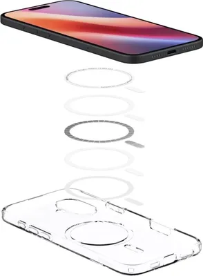 An exploded view of a clear phone case with magnetic rings, shown with a phone.
