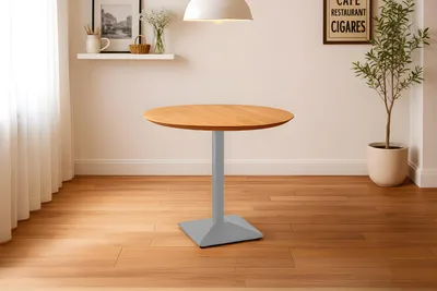 Produktbild von Bistrotisch Schweizer Kante massiv Akazie naturfarben 90 cm Säulengestell-eckig silber BRASILIA
