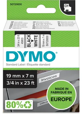 Zdjęcie produktu dla DYMO D1 oryginalne etykiety | czarny nadruk na białym | 19 mm x 7 m | samoprzylepne etykiety do drukarek etykiet LabelManager, Czarny na białym, Poliester, Belgia, -18 - 90 °C, DYMO, LabelManager, LabelWriter 450 DUO