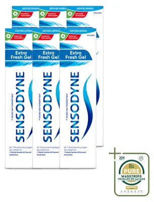 Imagen del producto de 6 tubos de pasta dental Sensodyne Extra Fresh en gel, 75 ml cada uno, pack de 6 unidades