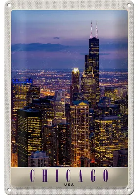 Produktbild von Blechschild Reise 20x30cm Chicago Amerika USA Hochhaus Abend