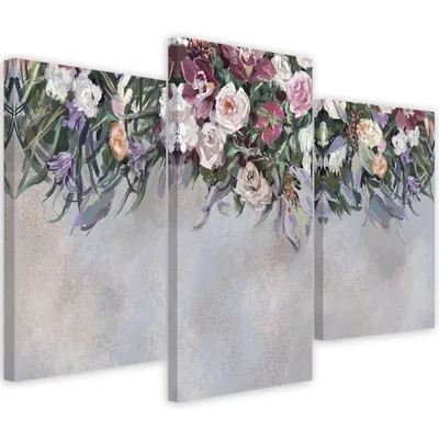 Produktbild von Triptychon auf leinwand überwucherte blumen 90x60 cm Feeby silber wandbild bereit zum aufhängen