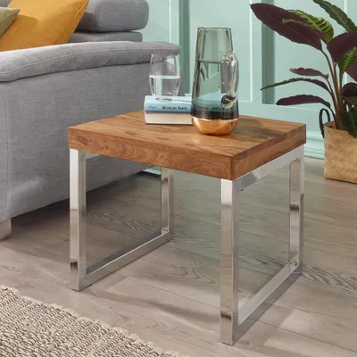 Zdjęcie produktu dla FineBuy – kwadratowy stolik kawowy 45 cm z litego drewna sheesham z chromowaną podstawą, designerski stolik do salonu, stolik pod kanapę z metalową ramą, stolik pomocniczy z prawdziwego drewna