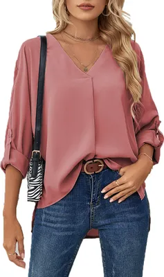 Image de ASKSA Chemisier Femme Mousseline Elégant Col V Chemise Manches Longues Business Casual Tops, Rose, M