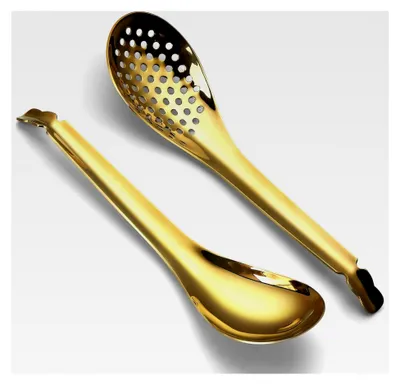 Produktbild von 2 Stück Gold Edelstahl Suppenlöffel und geschlitzter Servierlöffel, Kaviar Löffel für Suppe und Servieren, kleine geschlitzte Löffel für Abendessen Utensilien in der Küche und im Restaurant