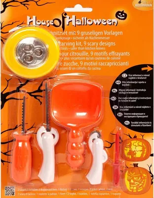 Produktbild von Kürbis Halloween Schnitz-Set (mit 9 Vorlagen & LED Lampe)
