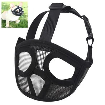 A black mesh dog muzzle is shown against a white background, with a small inset image of a French bulldog wearing a similar muzzle.