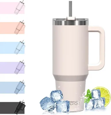 Immagine prodotto di tazza Thermo Mug to Go da 40 oz in acciaio inox sottovuoto con manico e cannuccia, impermeabile beige chiaro