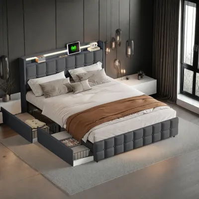 Zdjęcie produktu dla UnboxG łóżko tapicerowane 160x200cm z USB i gniazdkami, łóżko młodzieżowe dwuosobowe z 4 szufladami, łóżko do przechowywania z litego drewna z LED/typ C i stelażem z listew, pościel