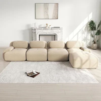 Produktbild von 4-Sitzer Ecksofa Beige mit Chaiselongue, Modulares Sofa rahmenlos, 32D Schaumstoff Polsterung, Cordstoff, 388x178x70 cm