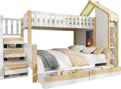 Produktbild von Merax Etagenbett 90x200cm+140x200cm mit Kleiderschrank, Stauraumleiter, 2 Schubladen, Regale, Hausleiste, Kinderbett, Stockbett, Jugendbett, Weiß