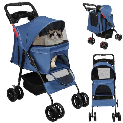 Produktbild von Klappbar Hundewagen 2 in 1 Hundebuggy Bis 20kg,Pet Stroller Hundebuggy Haustierwagen Oxford,für Kleine Hunde und Katzen 98x67x46cm Blau