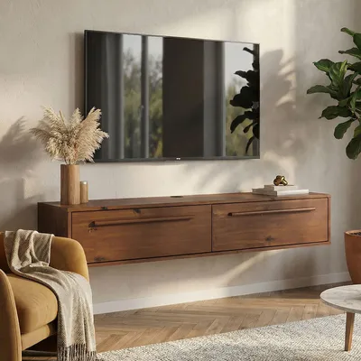 Produktbild von Lowboard TECCA 145 cm mit 2 Türen, Kastanie Finish – hängendes TV Board aus massivem Kiefernholz, modernes Design mit Klappenbeschlägen, platzsparend für Wohnzimmer & Flur