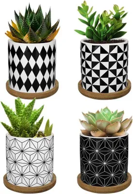 Produktbild von Famanu Mini Keramische Blumentöpfe, 4 Stück - Schwarz-Weiß mit geometrischem Muster