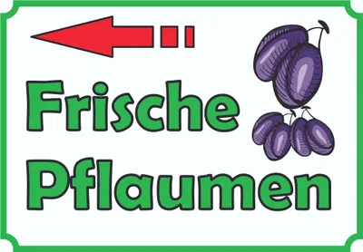 Produktbild von Verkaufsschild Schild Frische Pflaumen mit Pfeil nach links A3 Rückseite selbstklebend