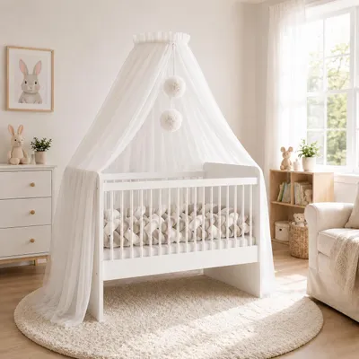 Produktbild von Baby Fancyroom Betthimmel für Babybett, Prinzessin Babywiege, Moskitonetz, Beistellbett Himmel, Babyzimmer Deko, Baldachin Premium Tüll (Ecru/weiß, Betthimmel mit Bommel) – Ecru/ Weiß