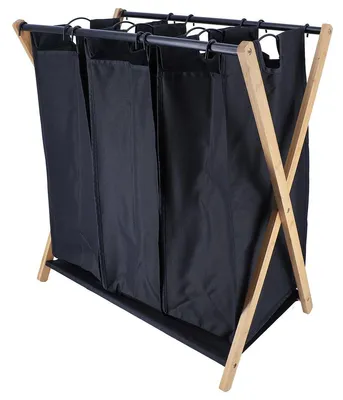Produktbild von Wäschekorb mit 3 fächern aus polyester, bambus und schwarzem metall - Tendance