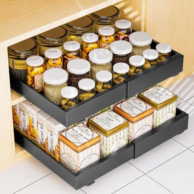 Produktbild von Schubladeneinsatz & -organizer Set mit 2 Teleskopschubladen, ausziehbare Schublade für die Küche, Küchenschrank-Organizer für Küchenschränke, Schublad