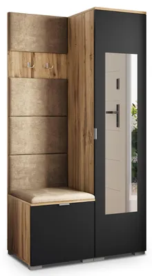 Produktbild von Masseno Garderobe-Set VIRA 95/181/51 cm Modern Garderobenschrank Eiche Wotan, Veloursstoff MONOLITH 09 (Beige)