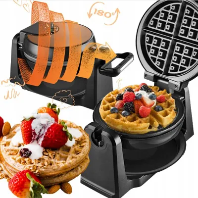 A waffle maker is shown with waffles and fruit, with graphic elements indicating rotation and heat.