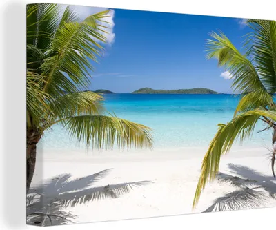Produktbild von MuchoWow® - Leinwandbilder - Tropische Palmen am Strand, Wandbild, Wanddeko Bilder Wohnzimmer, 90x60cm