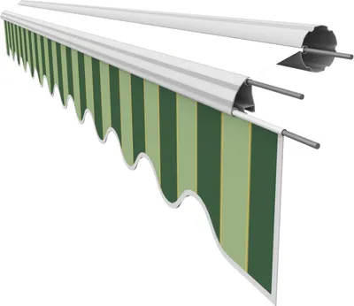 A close-up, angled view of a striped awning fabric and its roller mechanism, presented against a white background.