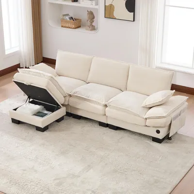 Productafbeelding van okwish modulaire bank, 3-zits met 1 voetenbankje, ergonomisch brede zitvlak, loungebank met USB-C poort, bank voor de woonkamer met zijvakken, fluweel, beige