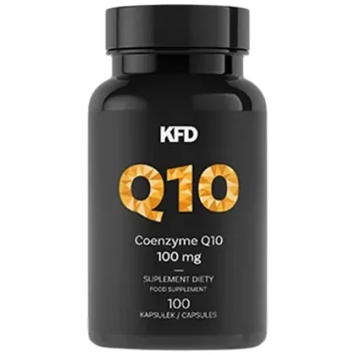 A black bottle of KFD Coenzyme Q10 supplement.