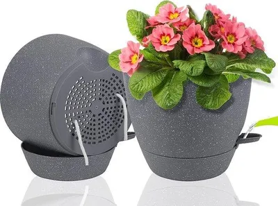 Produktbild von Famanu Pflanztopf 23 cm mit Selbstbewässerung - Set aus 2 grauen Töpfen