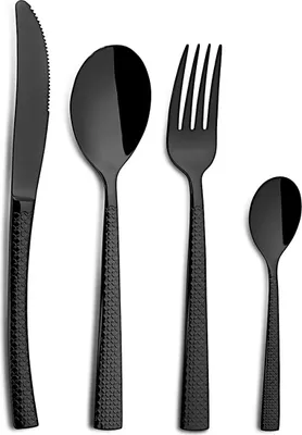 A set of black cutlery, including a knife, a large spoon, a fork, and a small spoon, arranged in a row against a white background.
