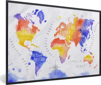 Produktbild von MuchoWow® MuchoWow® Gerahmtes Poster Weltkarte - Aquarell - Rot - Blau 90x60 cm - Poster mit zchwarzem Bilderrahmen - Fotorahmen - Foto-Plakat