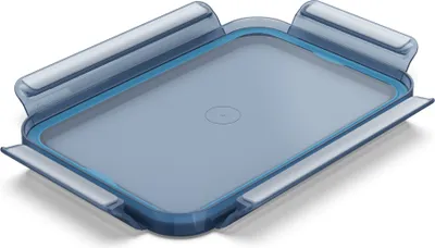 A close-up, angled view of a blue and transparent food storage container lid.
