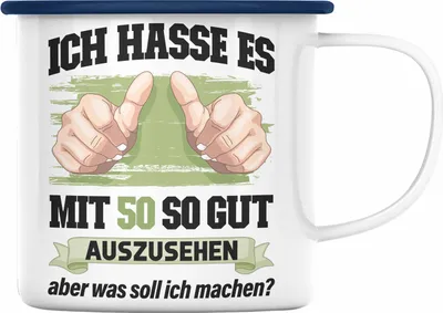 Produktbild von Trendation -  50. Geburtstag Emaille Tasse Frau Männer Geschenk 50er Geschenkidee 50 Mutter Vater Mann Frauen Lustig Geschenke Deko (Blau)