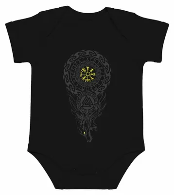 Image de Body pour bébé, noir, avec les motifs suivants : Vegvísir viking, Valknut, loup Fenrir, runes nordiques, Valhalla/Walhalla. Taille : 3/6 mois