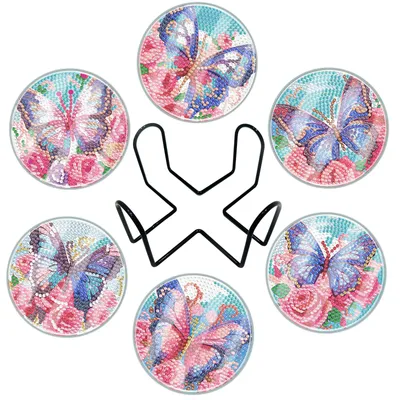 Produktbild von Diamond Painting Untersetzer – 6 Schmetterlinge Untersetzer │ mit Schutzhülle & Halter | DIY Bastelset | Kreativgeschenk für Erwachsene