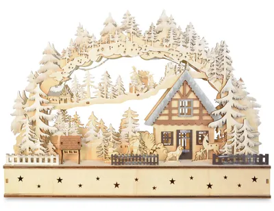 Produktbild von LED Schwibbogen "Winterkinder mit Landhaus" 40 x 29 cm | 76118 Natur - Holz Lichterbogen