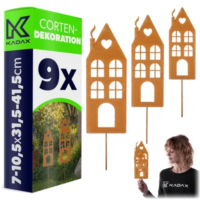 Image de KADAX : Ensemble de 9 piquets décoratifs en acier corten pour jardin, décoration rustique pour l'extérieur, ornements en métal à planter, décoration de jardin avec effet rouille