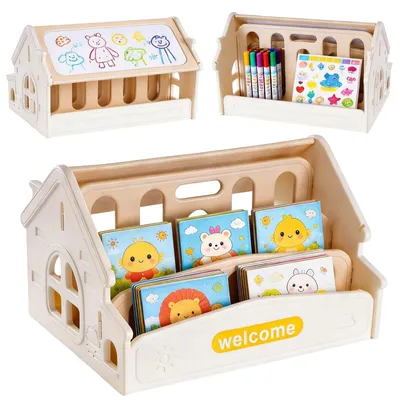 Kinder-Bücherregal mit Whiteboard, 3 offenen Fächern, gelb, tragbar