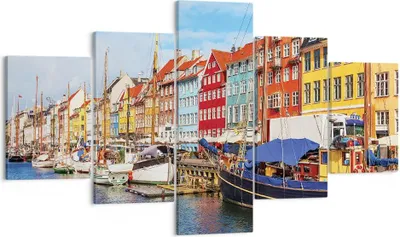 Produktbild von Bild auf Leinwand - Leinwandbild - 5 Teile - Kopenhagen Nahavn Schiffe - 125x70cm - Wand Bild - Wanddeko - Wandbilder - Leinwanddruck - Bilder - Wanddekoration - Leinwand bilder - EA125x70-4205