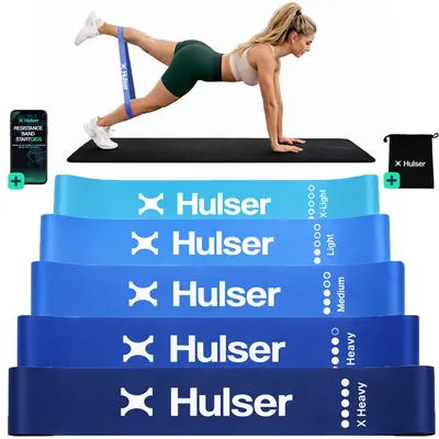 Produktbild von Hulser Mini Fitnessbänder Set – 5-teilig – 2 bis 18 kg – 30 cm – Fitnessband für Pull-Ups – Booty Bands – Stretchband – Widerstandsband - Blau
