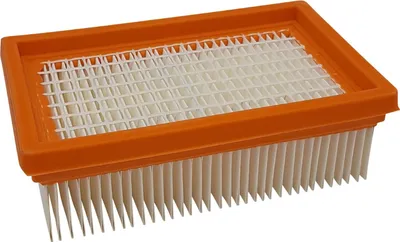 A rectangular air filter with an orange plastic frame and white pleated filter material.