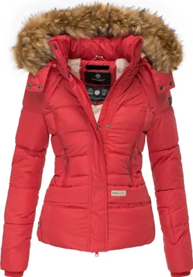 Produktbild von Navahoo Damen Winterjacke Steppjacke Kurz Parka gesteppt Jacke warm Teddyfell gefüttert mit Kapuze Honigblume Rot Gr: 42 - XL