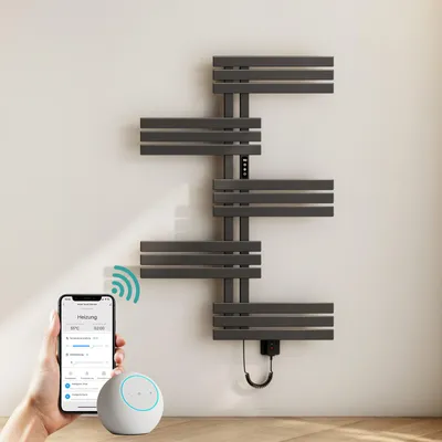 Produktbild von EMKE Elektrischer Handtuchheizkörper, APP Steuerung LED Touchscreen mit Timer, Handtuchtrockner 117,5x80cm 400W Matt Anthrazit