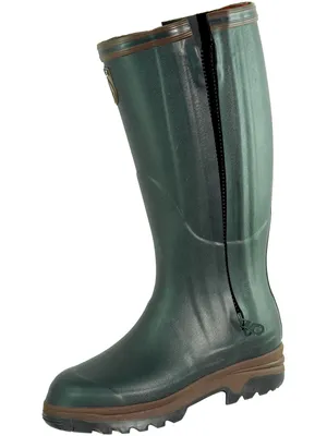 A single green boot with a brown sole and a zipper is shown against a white background.