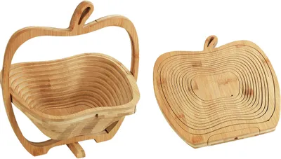A wooden apple-shaped basket and its folded form are displayed against a white background.
