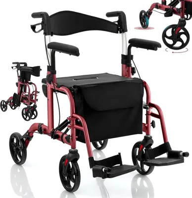 Produktbild von 2-in-1 Rollator Faltbar Leicht mit Sitz, Höhenverstellbare für Senioren, Aluminium Rollstuhl, Fußstützen, Tasche, Stockhalter, 136 kg (Rot)