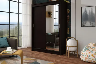 Zdjęcie produktu dla Szafa 2-drzwiowa przesuwna RIO 150x215cm wenge – lustro na froncie, w zestawie półki, drążek na ubrania, solidne wykonanie, łatwy montaż