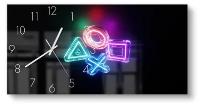 Produktbild von DEQORI Glasuhr 60x30 cm Zahlen 'Neon Gaming Symbole' Wanduhr Glas Uhr Design leise Küchenuhr